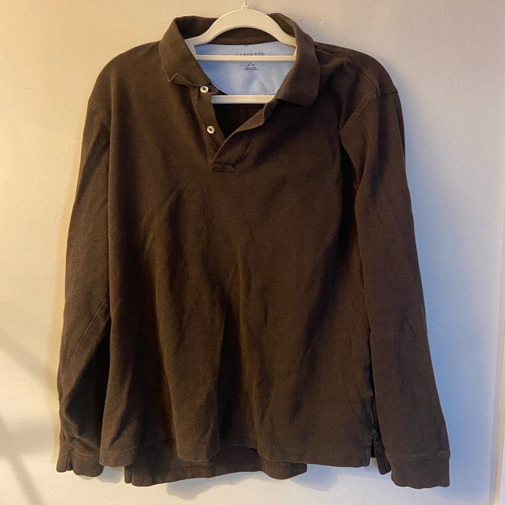 Land’s End 100% Cotton collared long sleeve polo shirt in dark brown.
